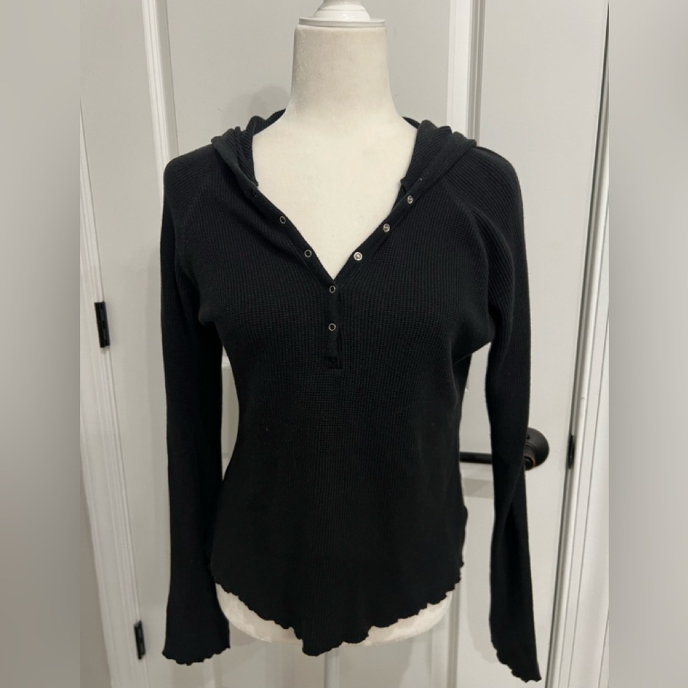 Carlson Black Waffle Hoodie Sweater w/Snaps Size L